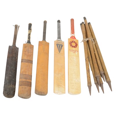 Lot 129A - Cricket interest: Three vintage cricket bats, stumps, and two signed presentation bats