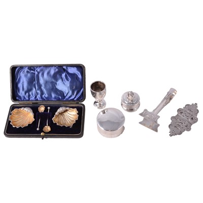 Lot 239 - A pair of salts, cased. trinket box, dog paper weight, trophy, nurses buckle, sardine tongs.
