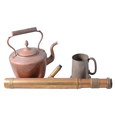 Lot 107 - W Ottway & Co brass gunsight telescope, and copper, brass and pewter wares.