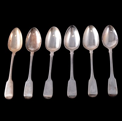 Lot 252 - Six silver dessert spoons, mixed dates and makers.