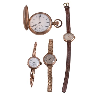 Lot 1107A - A gold-plated full hunter pocket watch, three vintage lady's wristwatches.