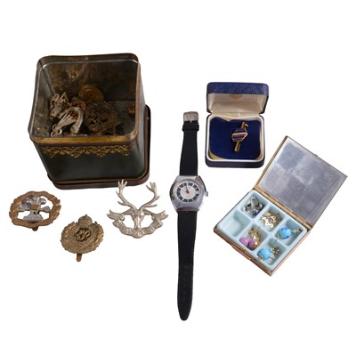 Lot 531 - Oriosa wristwatch, Avia pocket watch, costume jewellery, cufflinks, tie clips, military cap badges.