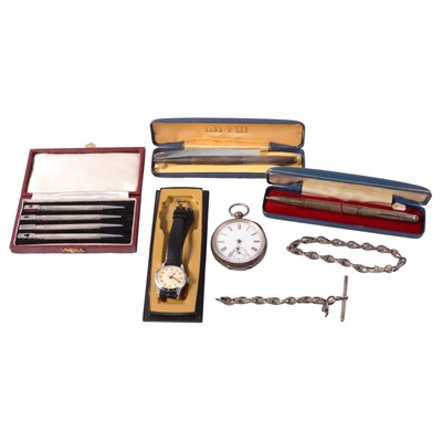 Lot 280A - White metal open face pocket watch, lengths of Albert watch chain, silver pencils, and wristwatch.