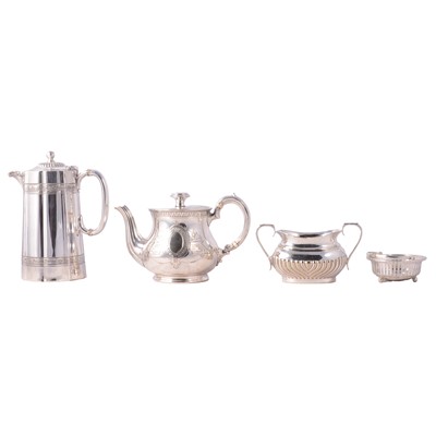 Lot 248 - Victorian silver teapot, silver sweet dish, plated hot water jug and sugar bowl