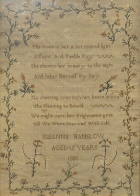 Lot 119 - A hand worked sampler Susanna Hanslow dated 1800, aged 15 years.