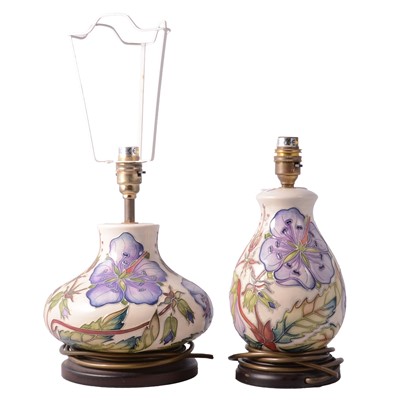 Lot 82 - Moorcroft Pottery, two 'Meadow Cranesbill' pattern table lamps
