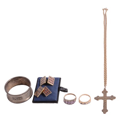 Lot 100 - Two rings, silver napkin ring, brass cross, gilt metal cufflinks