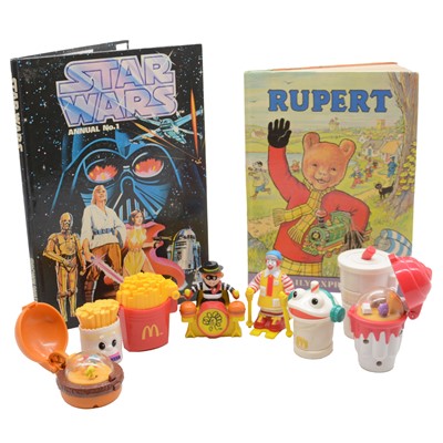 Lot 174 - Star Wars Annual no. 1, Rupert Bear 1976 annual, and two boxes of McDonald's toys