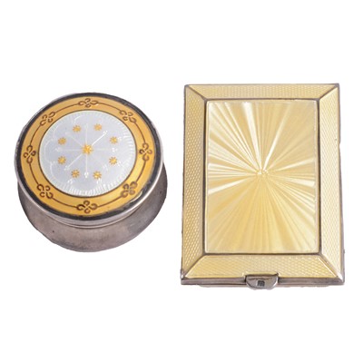 Lot 512 - A yellow guilloche enamel silver book match case and enamel topped trinket pot.