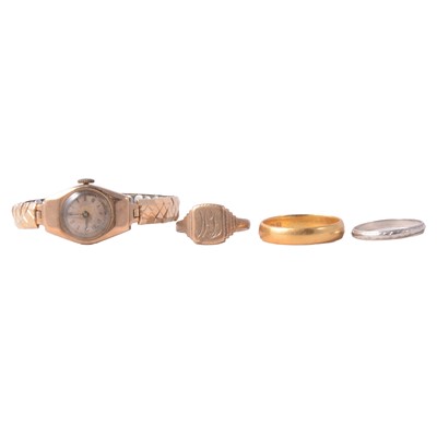 Lot 157 - A 22 carat gold wedding ring, two other rings and lady's watch.