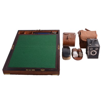 Lot 85 - Victorian rosewood writing box, Corona typewriter, cameras, a mahogany jewel box and contents.