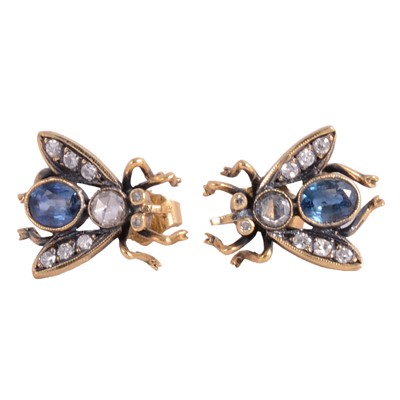 Lot 325 - A pair of sapphire and diamond bee design earrings.