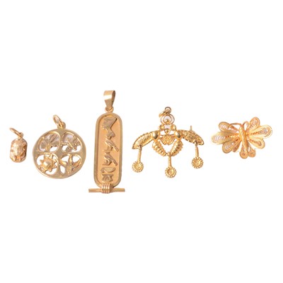 Lot 188 - Five yellow metal pendants and brooches.