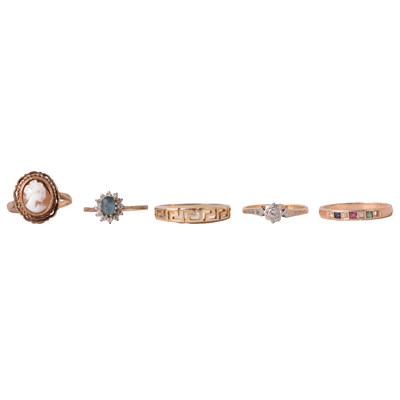 Lot 55 - Five gold rings, one a diamond solitaire.