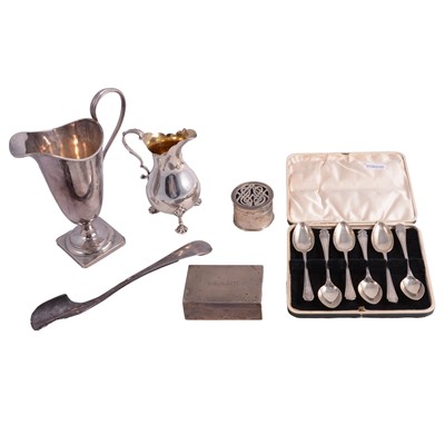 Lot 105 - Victorian silver cream jug, set of six teaspoons, drum shape box, etc.