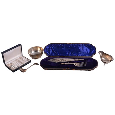 Lot 110 - Set of Australian white metal Arts & Crafts coffee spoons, pair of fish servers, and other items.
