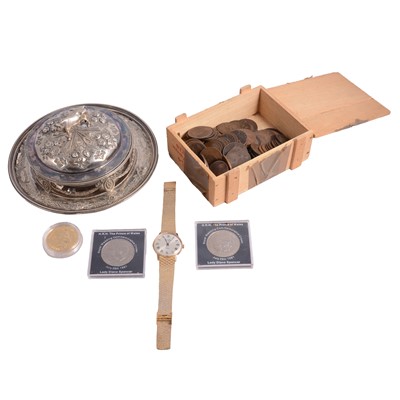 Lot 95 - A collection of pre-decimal coins, silver-plated butter dish, toothpick, silver enamelled medal.