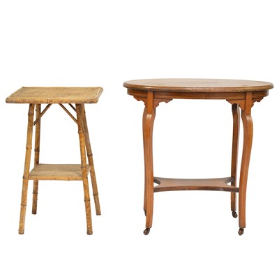 Lot 489 - Edwardian inlaid mahogany occasional table, and a bamboo table