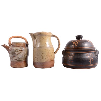 Lot 70 - Joanna Still/Harrisson studio stoneware pot, a slipware casserole pot, and a hot water pot