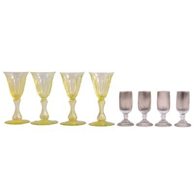 Lot 37 - Five uranium glass drinking glasses, Victorian ale glass, and liqueur glasses.