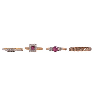 Lot 51 - Four gemset rings, diamond, ruby and diamond, synthetic white spinel.