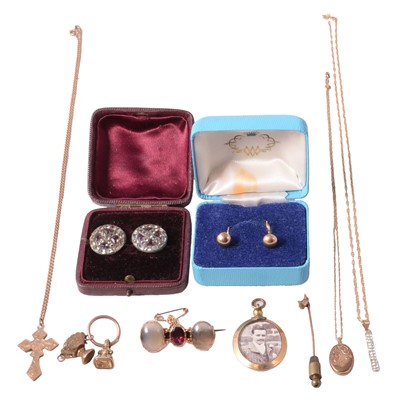 Lot 165 - Gold and yellow metal pendants on chains, earrings, brooches, charm, tie pin, and gold-plated fob.