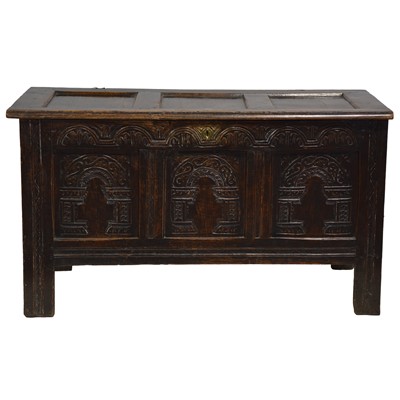Lot 376 - Joined oak coffer, later carved decoration