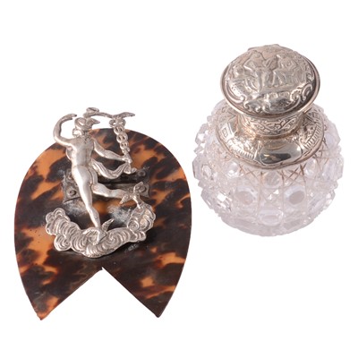 Lot 215 - Silver-mounted cut-glass scent bottle, and cast silver and simulated tortoiseshell clip.