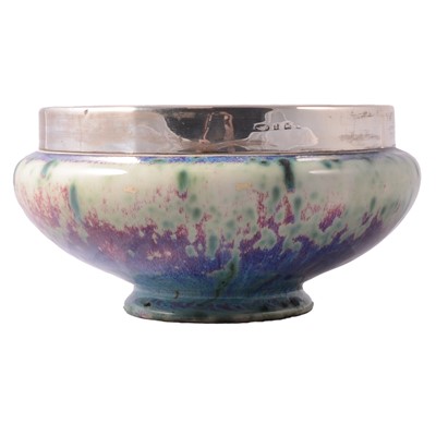 Lot 12 - Ruskin Pottery, a high-fired footed bowl with silver mount