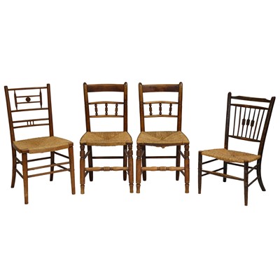 Lot 389 - Four beech and ash rush seated chairs and two others