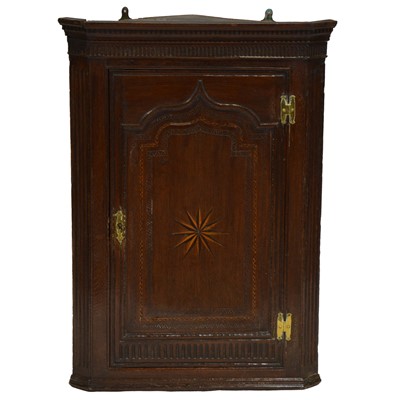 Lot 383 - Georgian oak and inlaid hanging corner cupboard