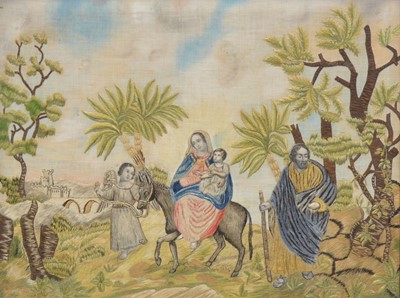 Lot 47 - Regency embroidered silk panel, The Return from Egypt with The Hoy Family
