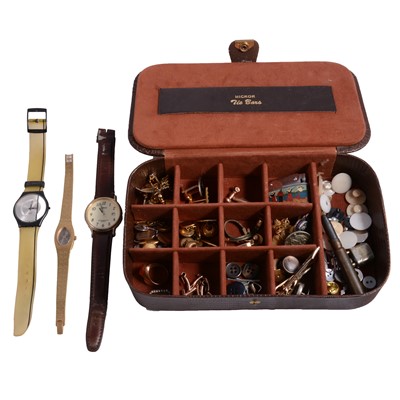 Lot 465 - A collection of cufflinks, a mourning brooch, signet ring Omega watch, Lorus watch, Swatch watch.