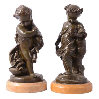 Lot 172 - Pair of patinated bronze cherubs, after Clodion