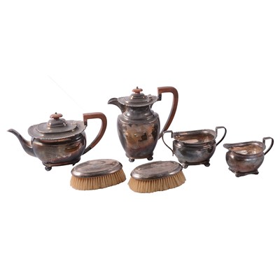 Lot 314 - Four-piece silver teaset, Atkin Brothers, Sheffield 1936, and pair of silver-backed brushes.