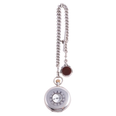 Lot 1114 - J W Benson - a silver demi-hunter pocket watch, and Albert watch chain with fob.