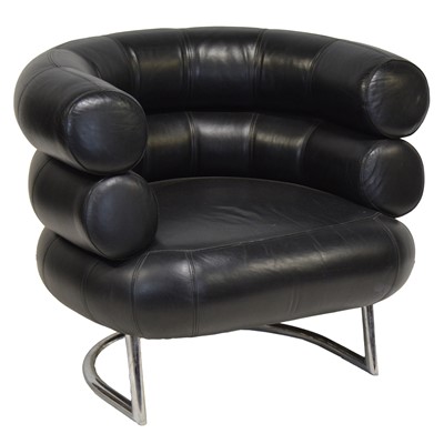 Lot 362 - After Eileen Gray, a Bibendum chrome and black leather armchair