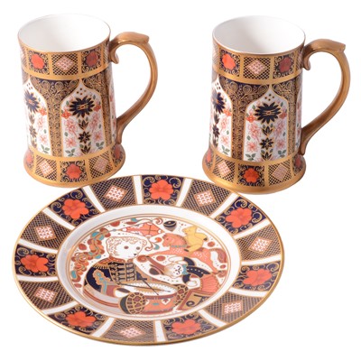 Lot 100 - Royal Crown Derby Imari pattern mirror, pair of Old Imari pattern tankards, and Drummer Teddy plate.