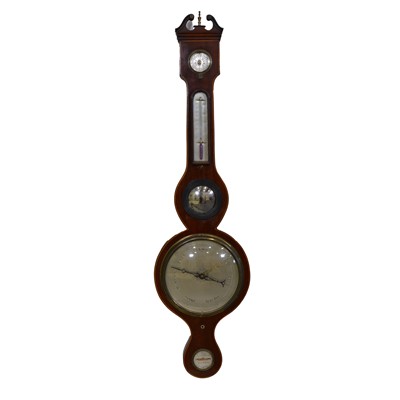 Lot 489 - Georgian inlaid mahogany banjo-shape wall barometer