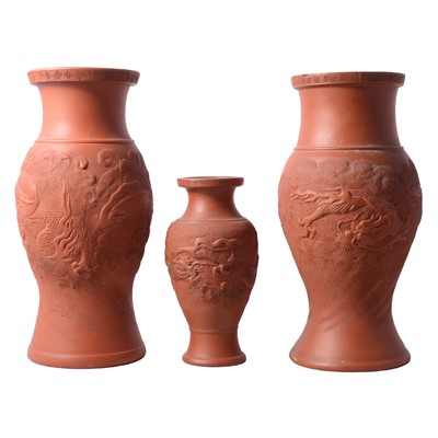 Lot 95 - Pair of Chinese Redware vases, and another similar vase