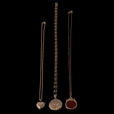 Lot 288 - A cornelion pendant and chain, two lockets and chains.