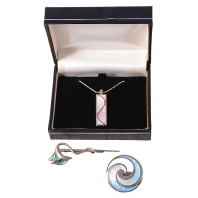 Lot 419 - Two enamel brooches and a shell pendant.