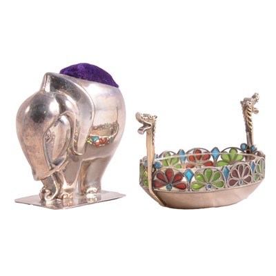 Lot 133 - Norwegian silver salt, Viking boat design and a silver pin cushion