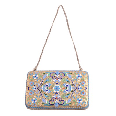 Lot 111 - Russian silver-gilt and cloisonne enamel purse with chain link handle