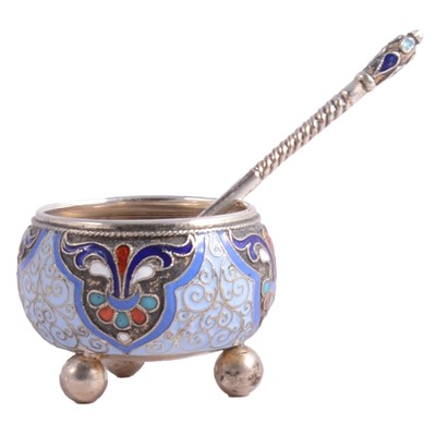 Lot 114 - Russian silver-gilt and cloisonne enamel salt and spoon