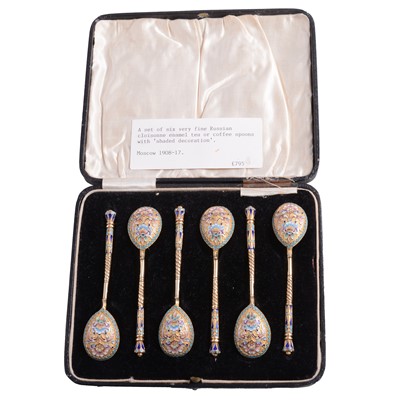 Lot 117 - Set of six Russian silver-gilt and cloisonne enamel teaspoons