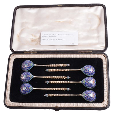 Lot 223 - Set of six Russian silver-gilt and cloisonne enamel teaspoons