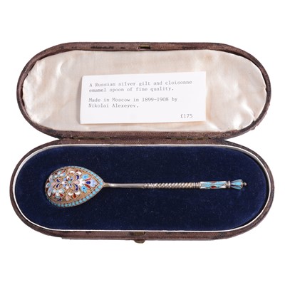 Lot 120 - Russian silver-gilt and cloisonne enamel spoon