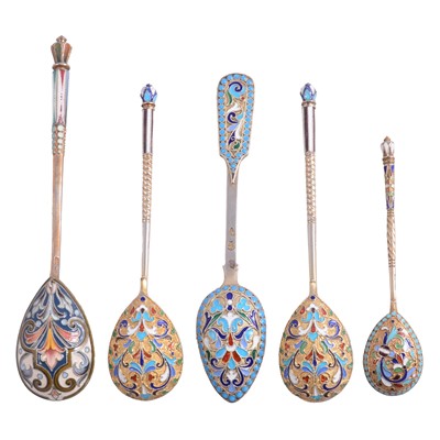 Lot 123 - Five Russian silver gilt and enamelled spoons