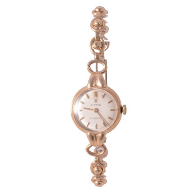 Lot 1070 - Cyma - a lady's 9 carat yellow gold bracelet watch.
